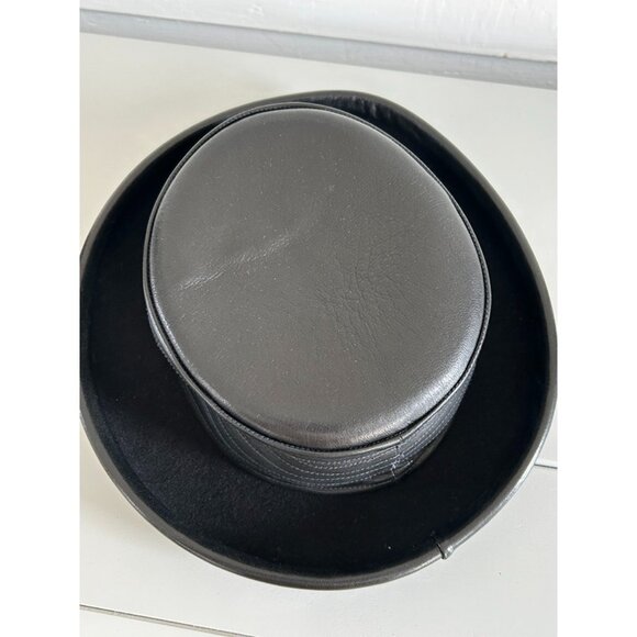 Kokin Womens Black Leather Trim Wool Avant Garde Round Crown Designer Hat - Picture 2 of 7